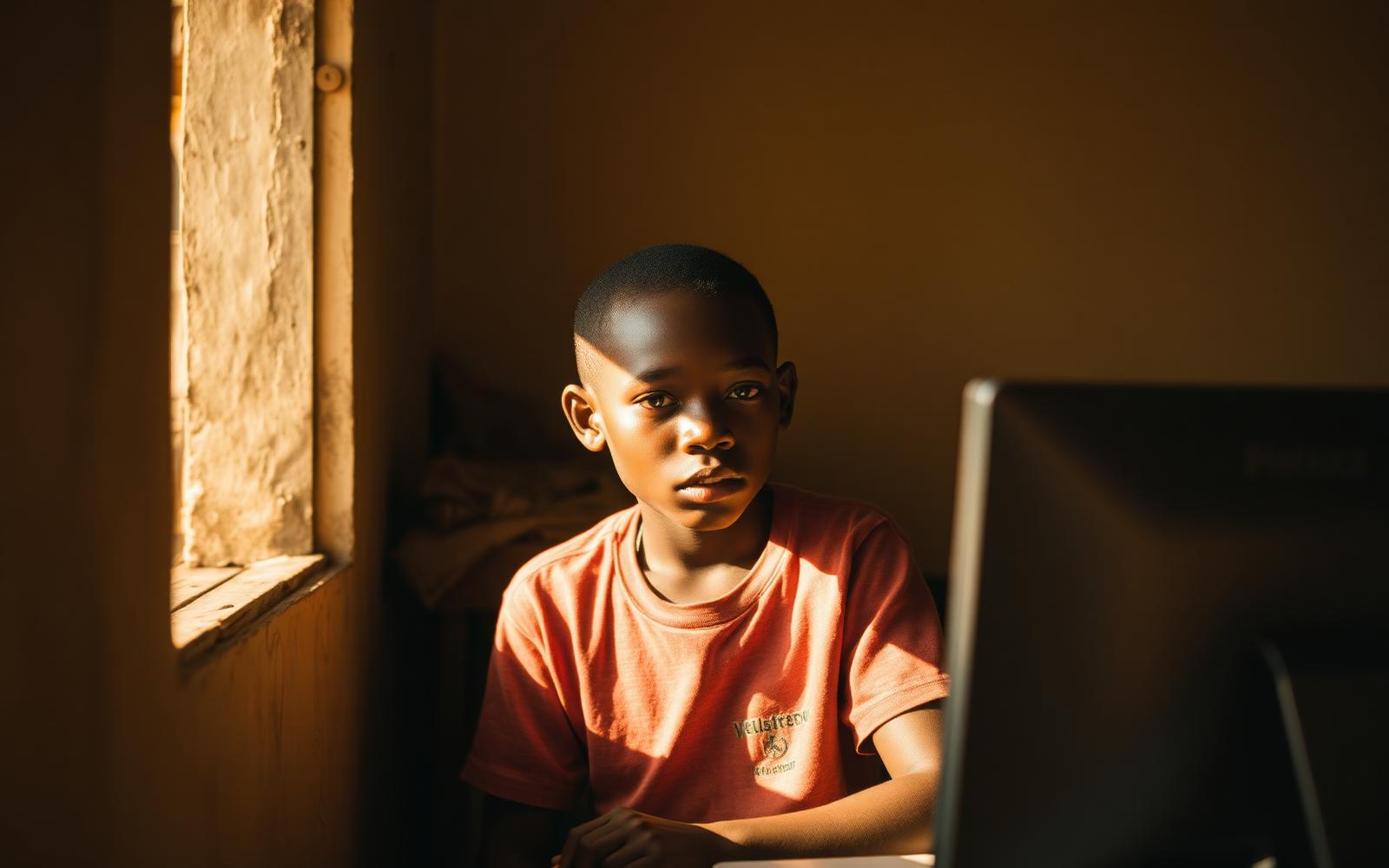 A young boy at a computer in a Monrovia café