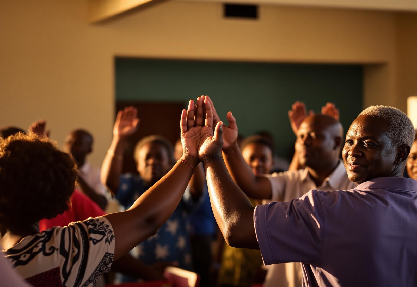 Citizens raising hands at a town hall